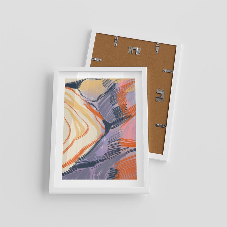 Plakat w ramie 30x40 - Pokreślony Świat - abstrakcyjne formy, odcienie pomarańczu i fioletu - rama biała