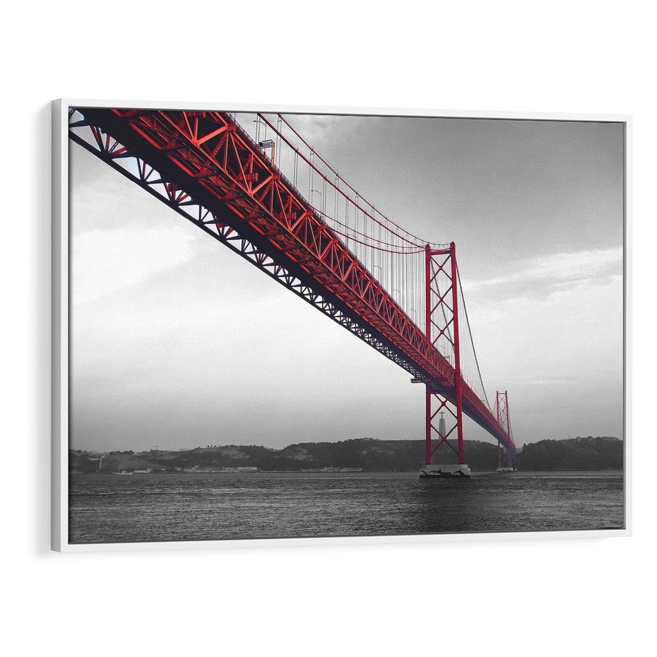 Obraz w ramie 70x50 - Majestatyczny Most - czarno biała fotografia, czerwony stalowy most nad rzeką - rama biała