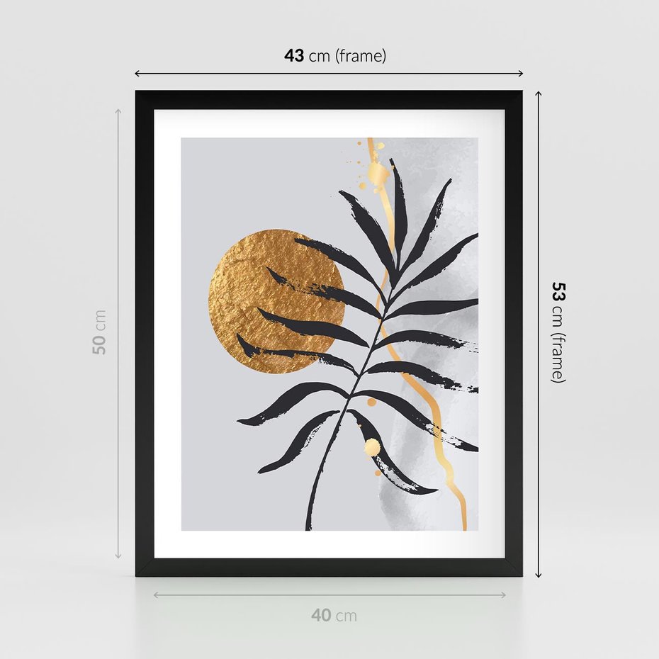 Plakat w ramie 40x50 - Grafika z Czarnym Liściem Palmy - czarny liść palmy, złóte kołó - rama czarna