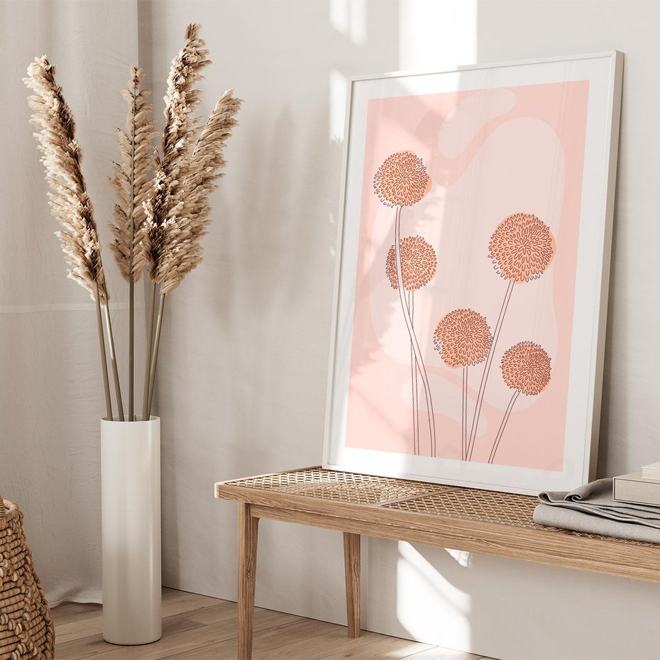 Plakat w ramie 30x40 - Rozkwitające Emocje - minimalistyczny plakat, pudrowe kwiaty - rama biała