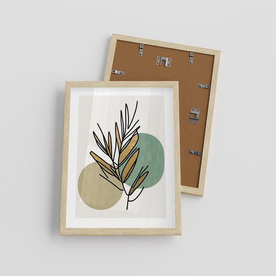 Plakat w ramie 30x40 - Migocące Ścieżki Wizji - abstrakcyjny obraz boho, liście - rama drewno