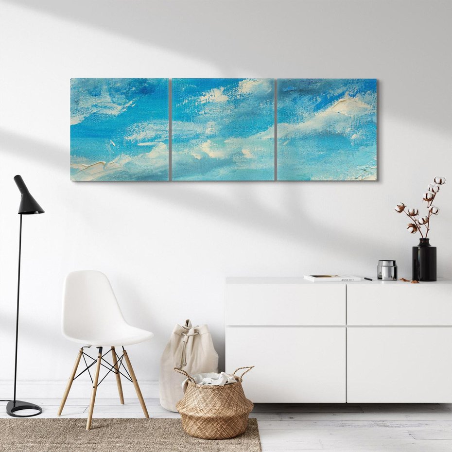 Obraz na płótnie 120x40 - Oddechy niebiańskiej materii - olejny obraz, smugi farby przypominają obłoki na błękitnym niebie