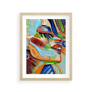 Plakat w ramie 30x40 - Kolorowe Wnętrza Kształtów - abstrakcyjny portret kobiety, twarz - rama drewno