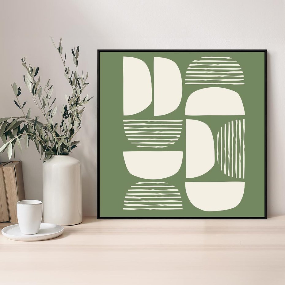 Obraz w ramie 50x50 - Migotliwe Formy - geometryczne boho kształty na brązowym, oliwkowym tle - rama czarna