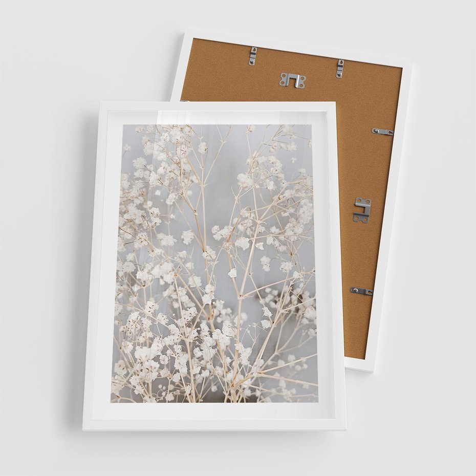 Plakat w ramie 50x70 - Białe Drobne Kwiaty - gipsówka, białe drobne kwiatki - rama biała