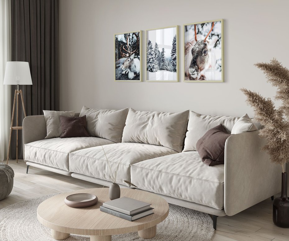 Zestaw obrazy w ramie 50x70 galeria - Renifer, zima, las, pejzaż, natura - rama drewno