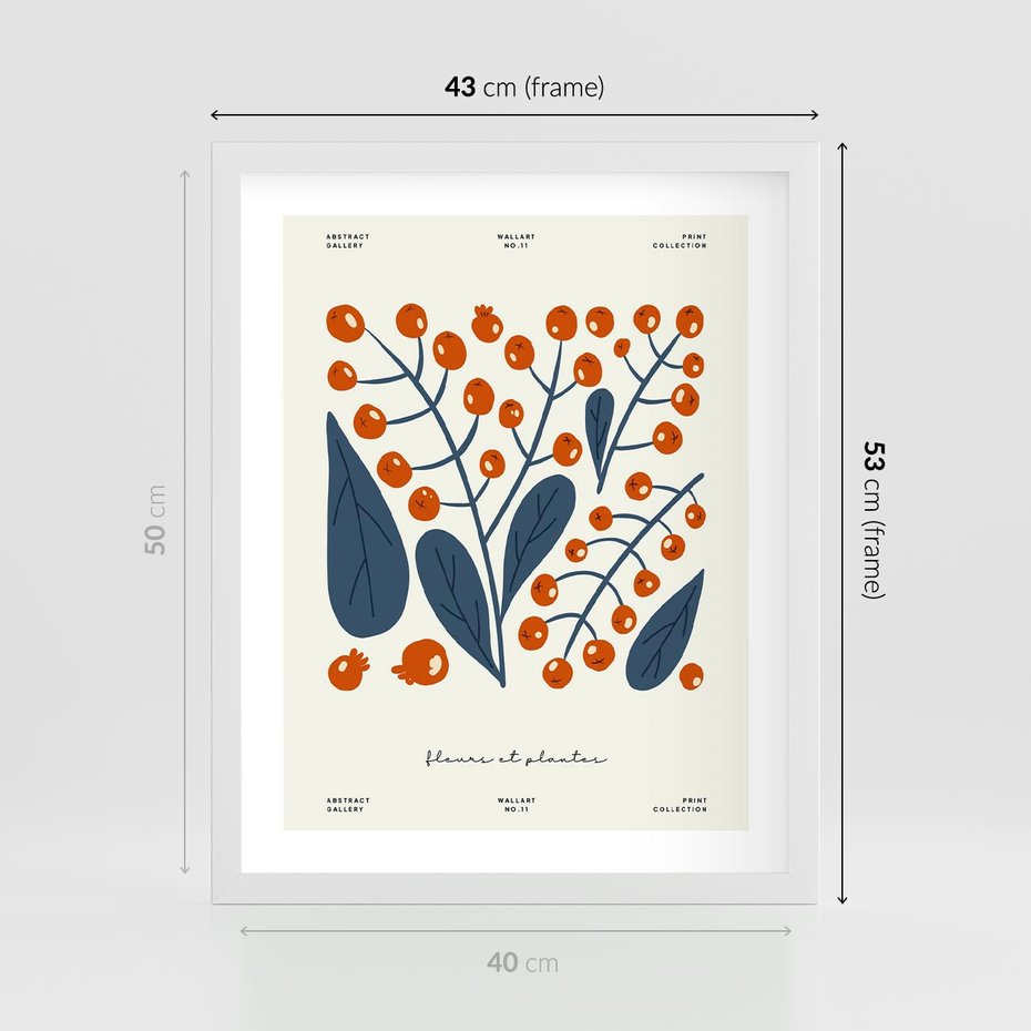 Plakat w ramie 40x50 - Minimalistyczna Uroda Jarzębin - jarzębiny, niebieskie liście - rama biała