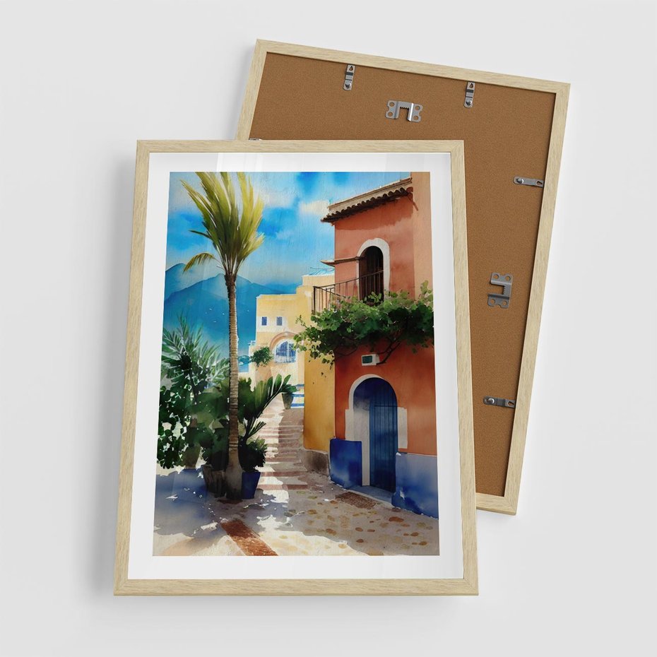 Plakat w ramie 50x70 - Spokój Miasta nad Morzem - akwarela, sródziemnomorski klimat - rama drewno