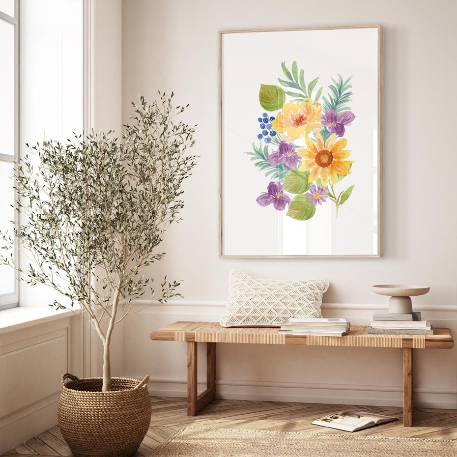 Plakat w ramie 30x40 - Kwiatowe Inspiracje - akwarelowe polne kwiaty, minimalistyczny plakat - rama drewno