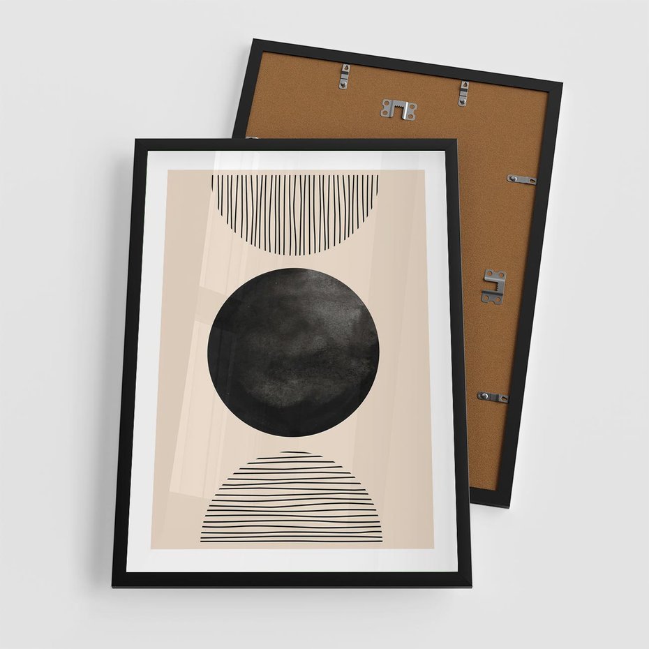 Plakat w ramie 50x70 - Minimalizm w Kształtach - geometryczny graficzny obraz, czarne koło - rama czarna
