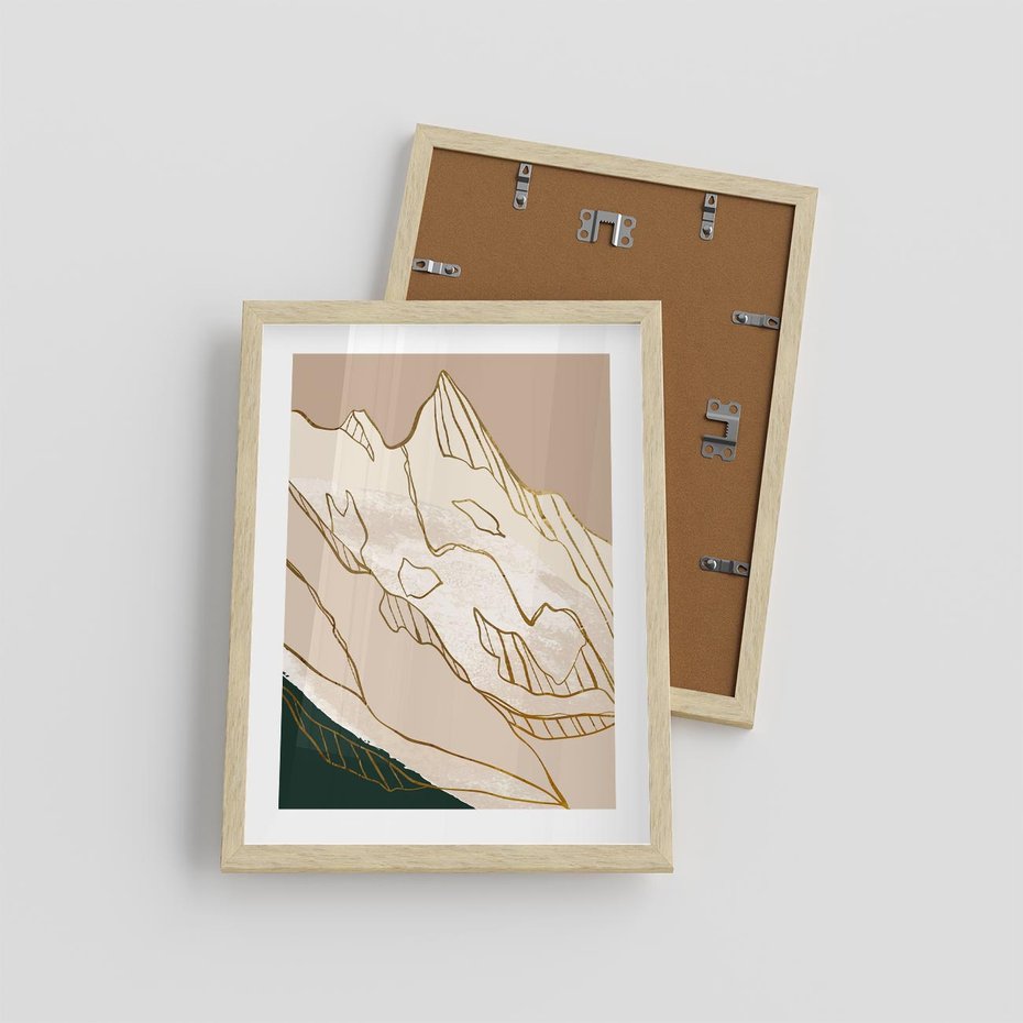 Plakat w ramie 30x40 - Góry w Złocie i Minimalizmie - grafika, złote góry - rama drewno