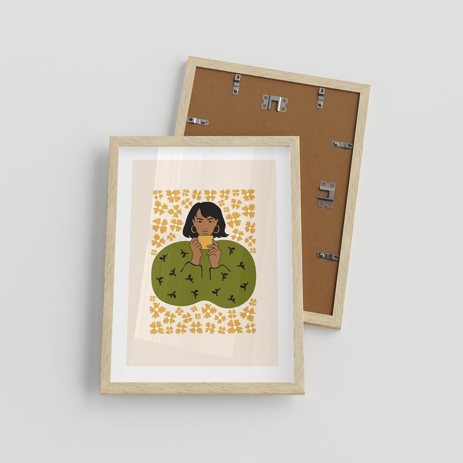 Plakat w ramie 30x40 - Wewnętrzne Fale - nowoczesny plakat, kobieta otoczona liśćmi - rama drewno