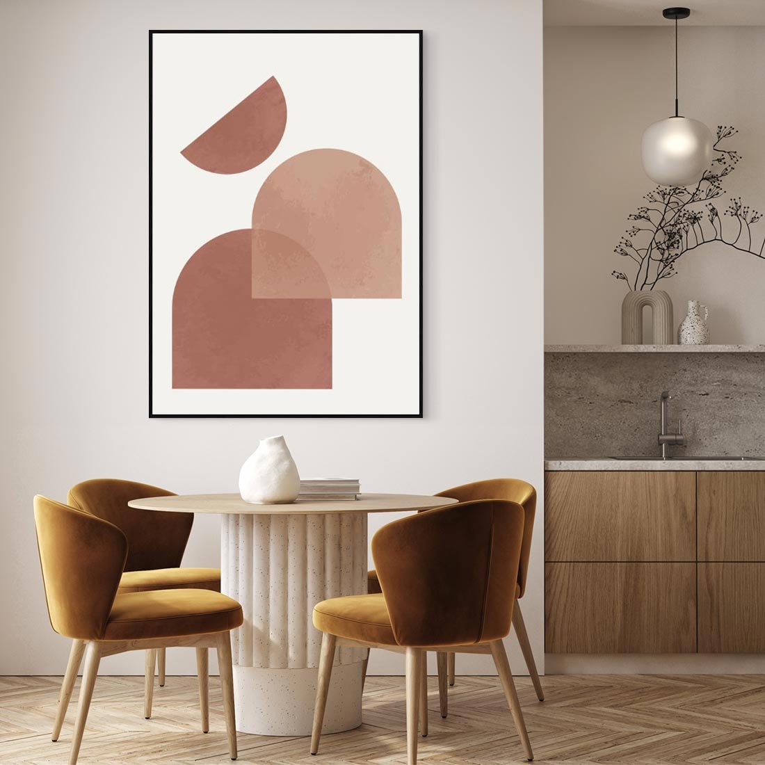 Obraz w ramie 70x100 - Harmonijne Widoki - abstrakcyjne geometryczne kształty, odcienie brązu i beżu - rama czarna