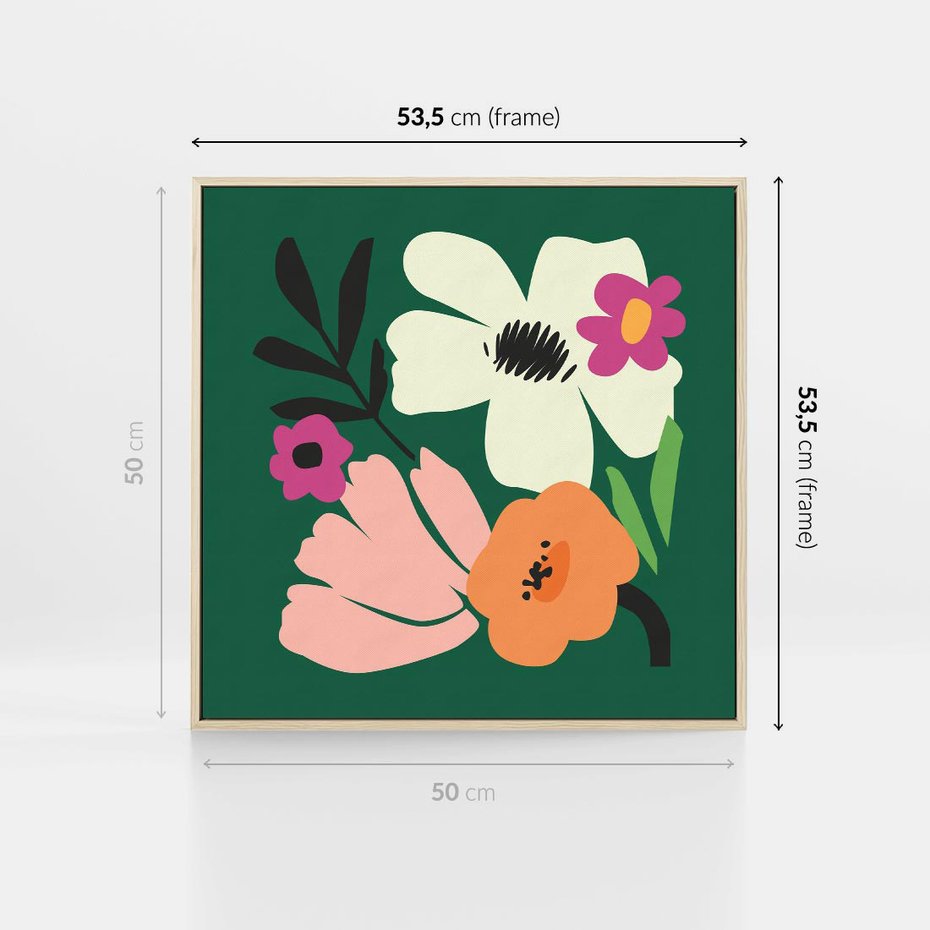 Obraz w ramie 50x50 - Rozbijające Echa - abstrakcyjne kwiaty, zielone tło - rama drewno