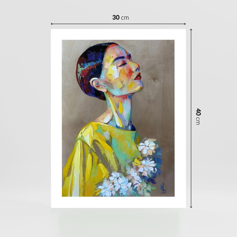 Plakat bez ramy 30x40 - W Żółtej Sukience - olejny abstrakcyjny obraz, portret kobiety w żółtej sukience