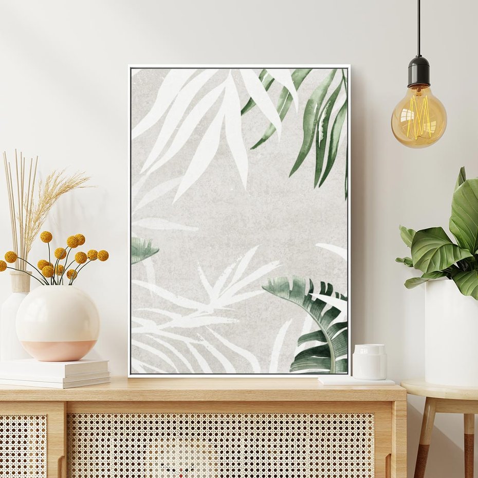 Obraz w ramie 70x100 - Zielony Raj - monstera, palmy - rama biała