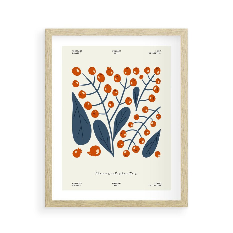 Plakat w ramie 40x50 - Minimalistyczna Uroda Jarzębin - jarzębiny, niebieskie liście - rama drewno