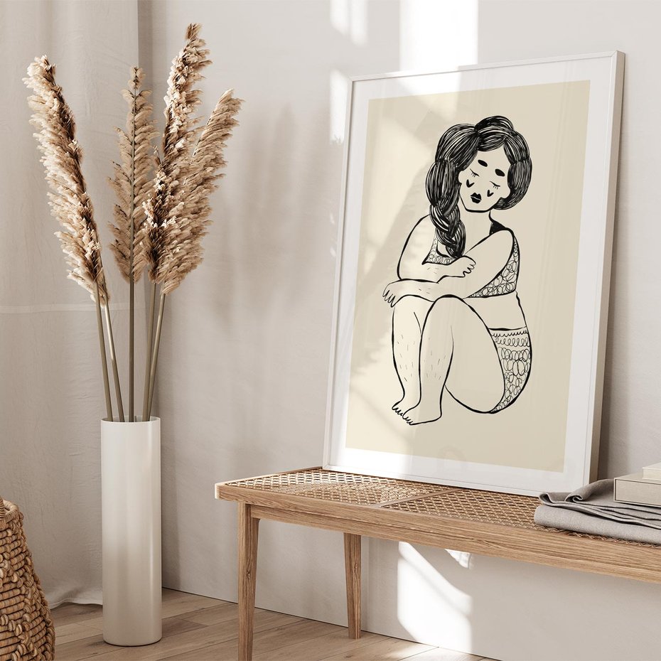 Plakat bez ramy 30x40 - Migotliwe Refleksje - nowoczesny minimalistyczny rysunek, dziewczyna w bieliźnie