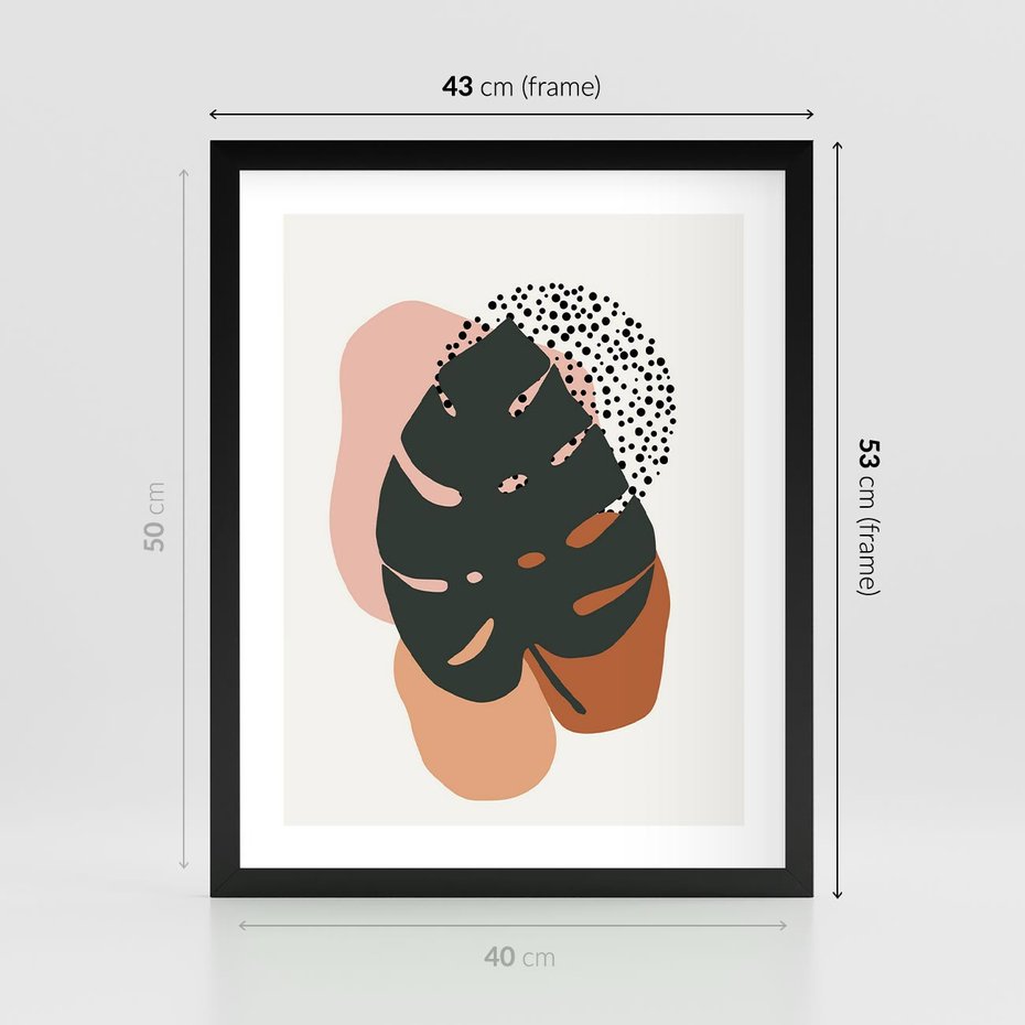 Plakat w ramie 40x50 - Minimalizm w Liściach Monstery: Plamy i Kropki - minimalizm, monstera plamy - rama czarna