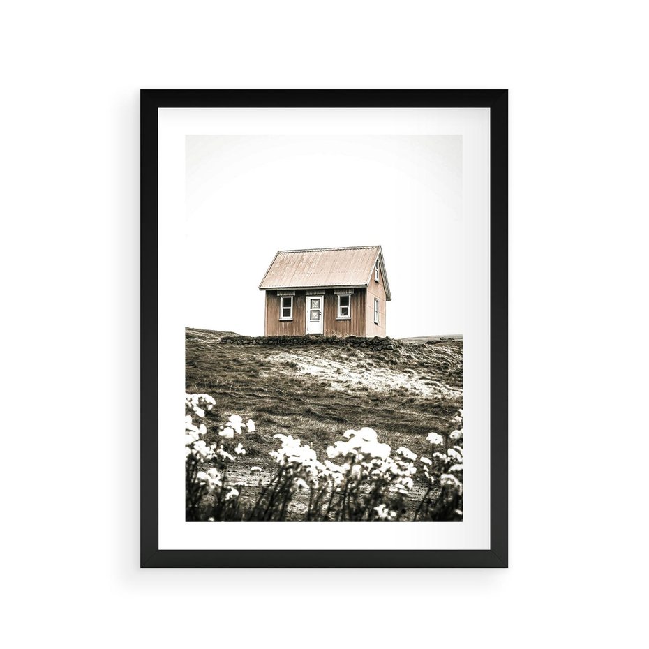 Plakat w ramie 30x40 - Krajobraz z Przeszłości: Kwitnąca Łąka w Sepii - domek na wzgórzu, kwitnąca łąka - rama czarna