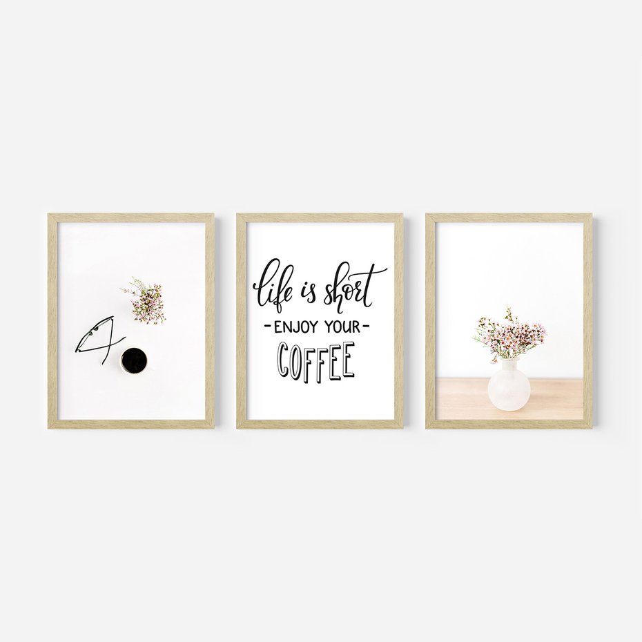 Zestaw obrazy w ramie 50x70 galeria - Kawa, kwiaty, minimalizm - rama drewno