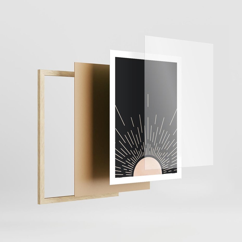 Plakat w ramie 50x70 - Słoneczny Portret Duszy - boho czarne słońce, nowoczesna grafika - rama drewno