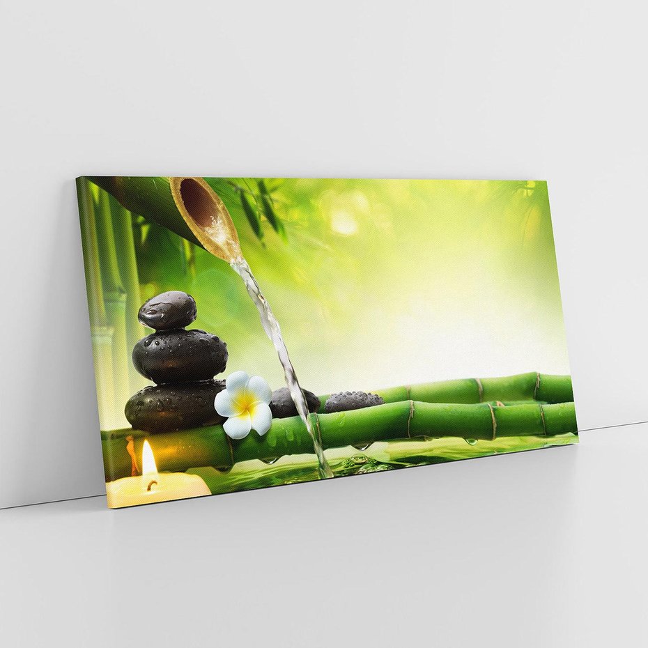 Obraz na płótnie 140x70 - Harmonia natury: Bambus, woda, kamienie - bambus, woda