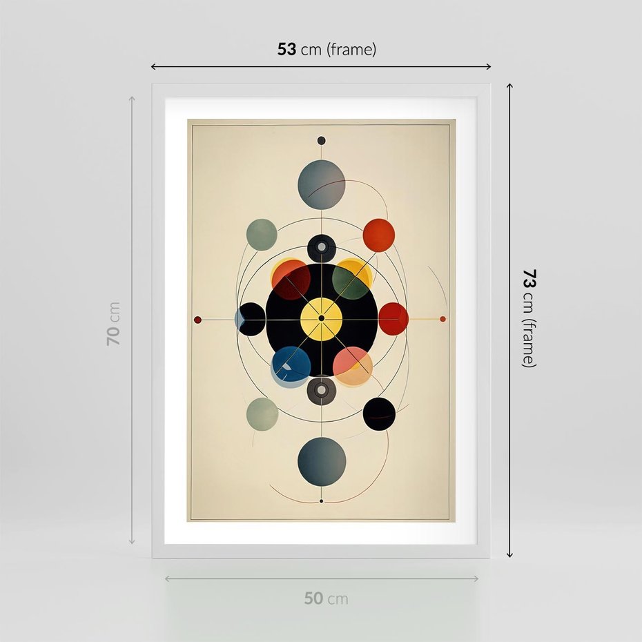 Plakat w ramie 50x70 - Bezgraniczny Taniec Światła - abstrakcyjna geometryczna kompozycja, koła linie - rama biała
