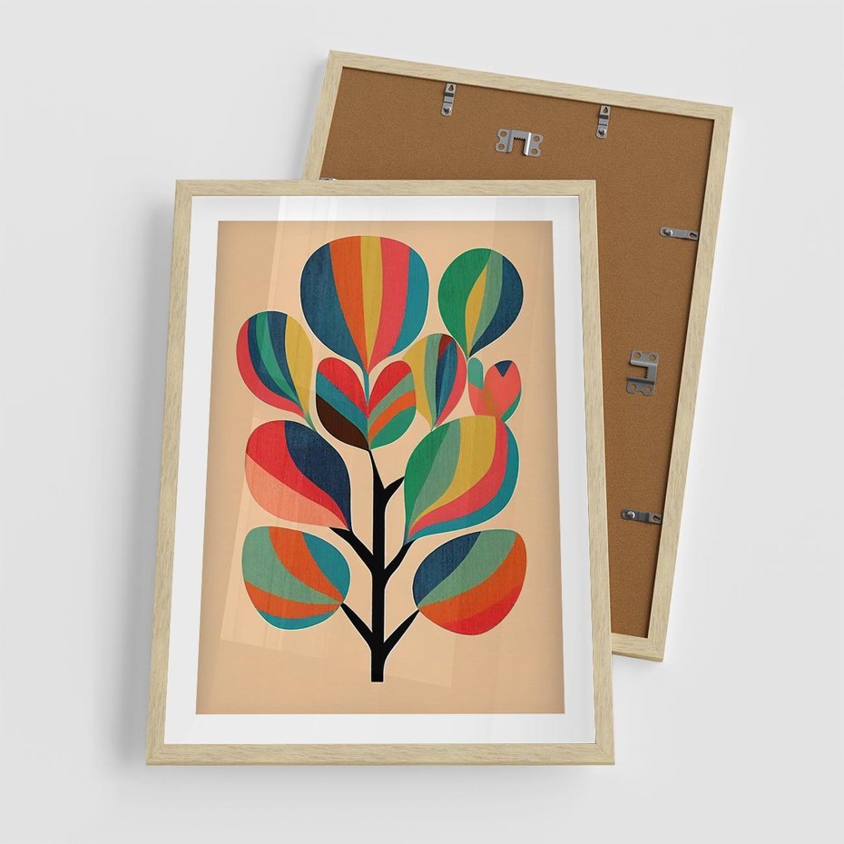 Plakat w ramie 50x70 - Harmonia Rozplątanych Form - abstrakcyjny kolorowy tęczowy obraz, inspiracje roślinne - rama drewno