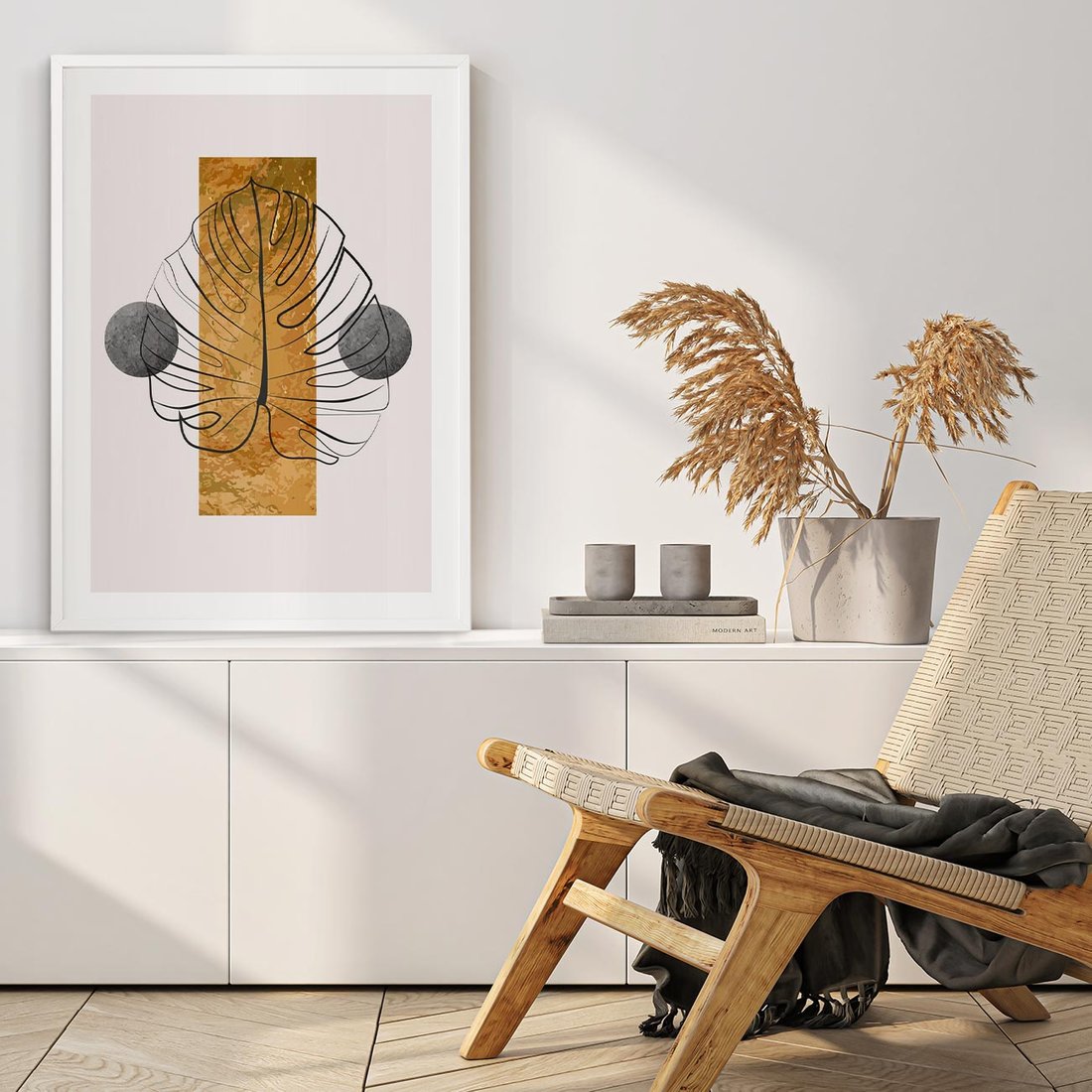 Plakat bez ramy 40x50 - Minimalistyczna Monstera: Złoty Prostokąt - liść  monstery, minimalizm