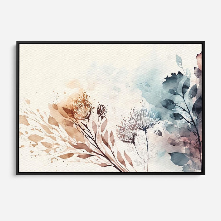 Obraz w ramie 70x50 - Nostalgiczne tańce pędzla - akwarelowe kwiaty, gałęzie - rama czarna