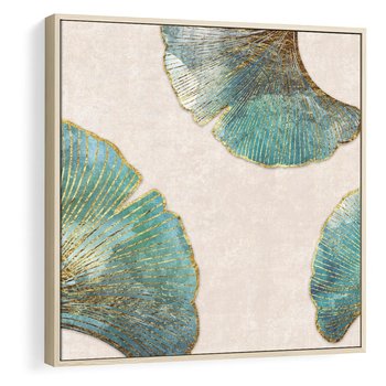 Obraz w ramie 80x80 - Złota Melodia Liści - złote, turkusowe liście miłorzębu - rama drewno