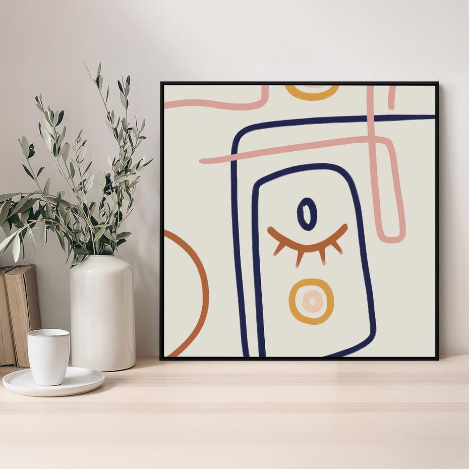 Obraz w ramie 50x50 - Manifestacje Dziwności - abstrakcja w stylu picasso, beżowe tło - rama czarna