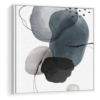 Obraz w ramie 80x80 - Wibracje Kształtów - abstrakcyjne plamy akwarelowe, czarny szkic - rama biała