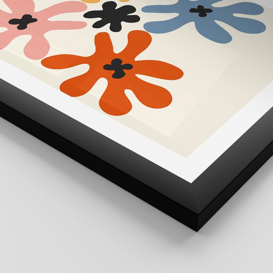 Plakat w ramie 40x50 - Taniec Akwareli - abstrakcyjne wielokolorowe kwiaty, minimalizm - rama czarna