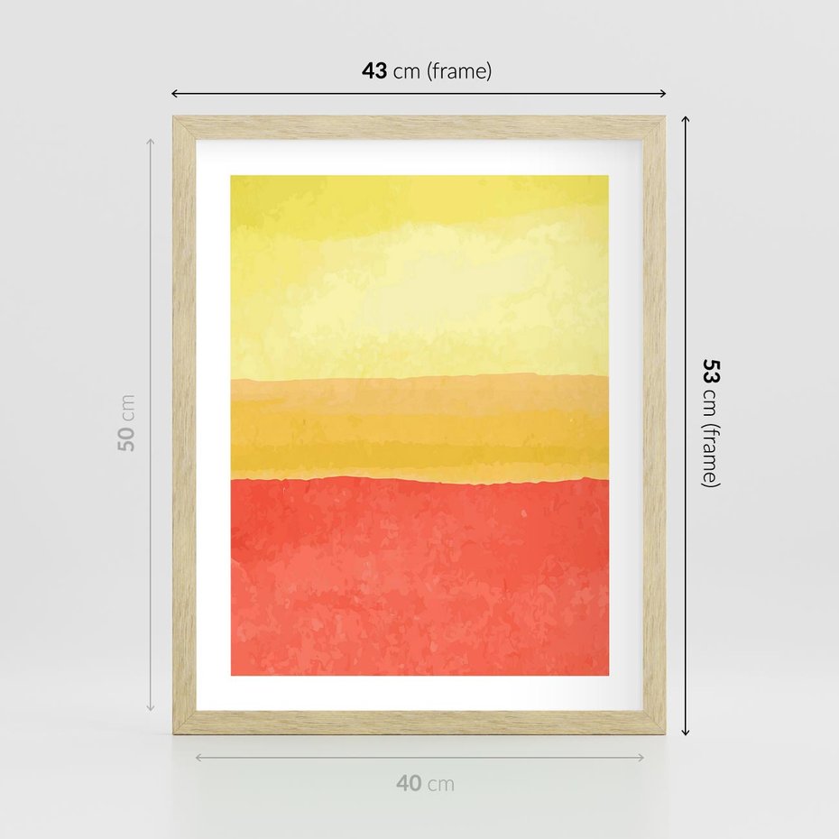 Plakat w ramie 40x50 - Rozmyte Odbicia - kolorowe akwarelowe pasy, odcienie żółci i czerwieni - rama drewno