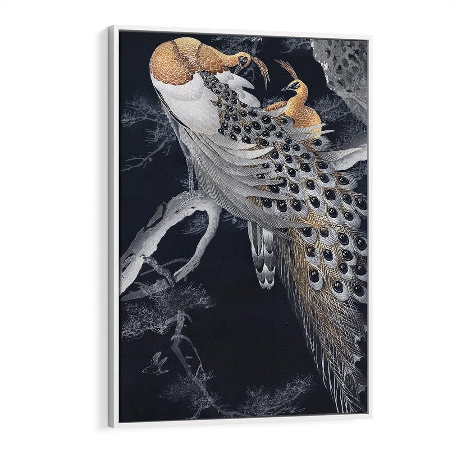 Obraz w ramie 50x70 - Japońskie Pawie - japońska grafika, pawie - rama biała