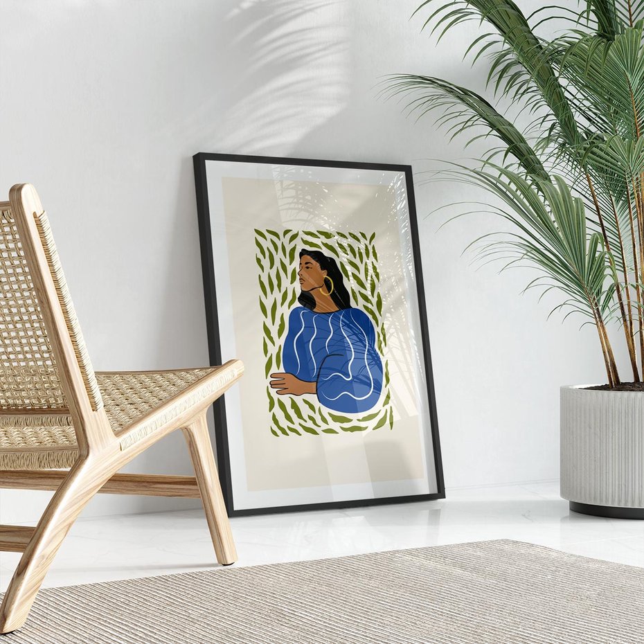 Plakat w ramie 40x50 - Rozbite Barwy - nowoczesny plakat, kobieta otoczona liśćmi - rama czarna