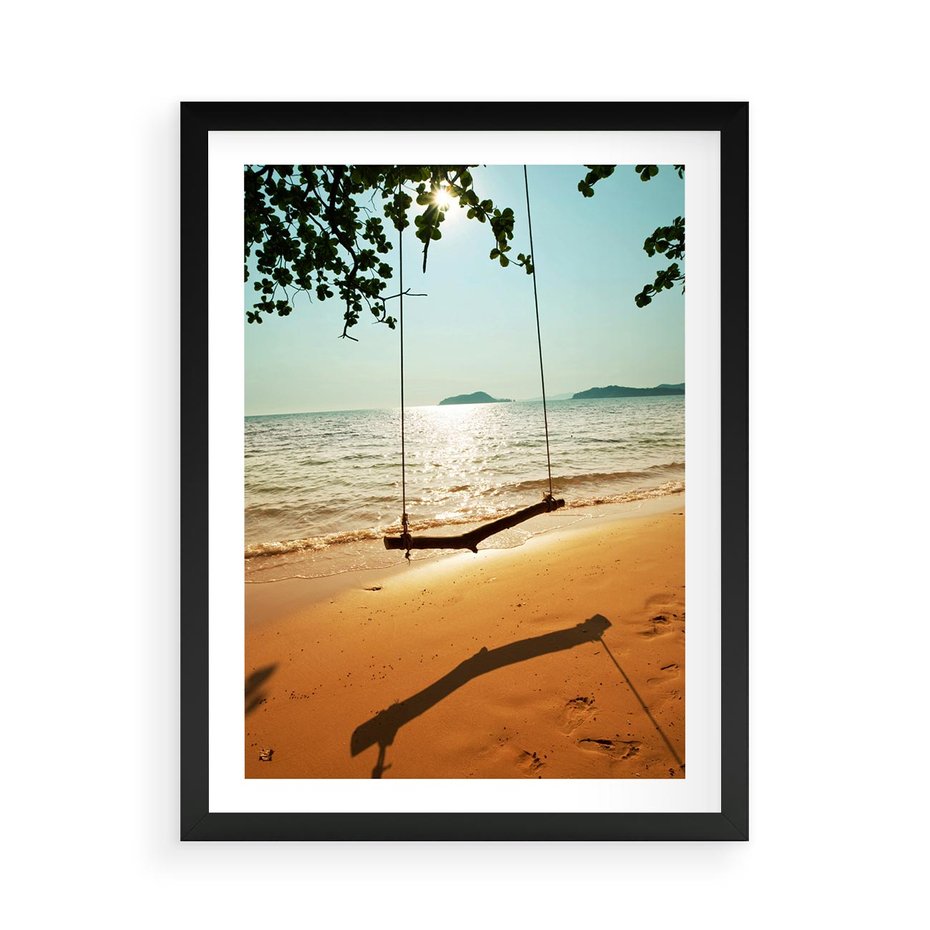 Plakat w ramie 50x70 - Tropikalna plaża i huśtawka - plaża, tropiki - rama czarna