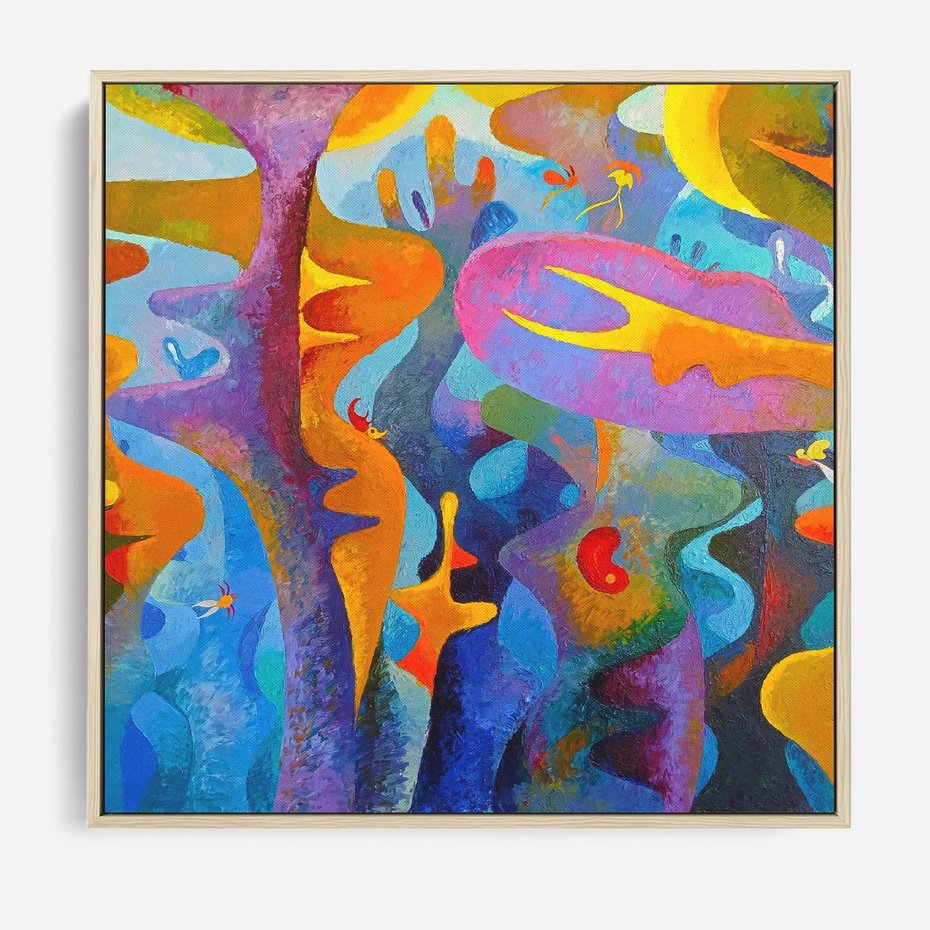 Obraz w ramie 80x80 - Płomienne Tańce Abstrakcji - energetyczna abstrakcja, dziwne formy - rama drewno