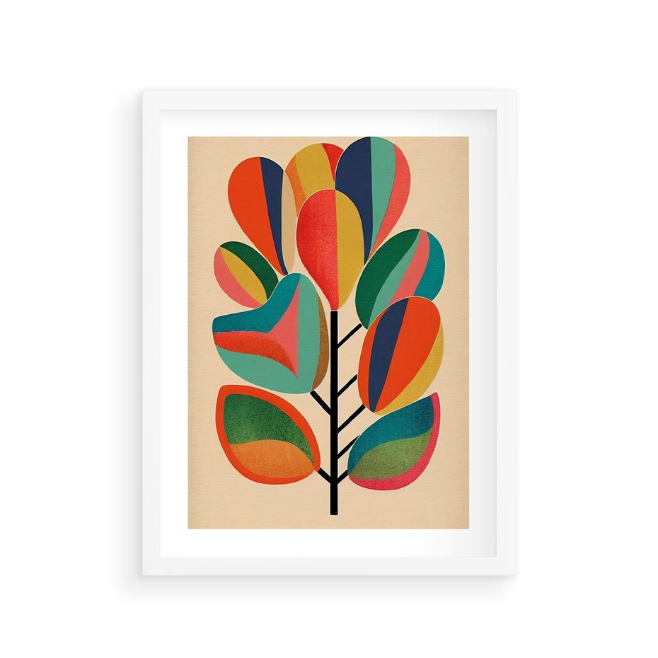 Plakat w ramie 30x40 - Wnętrza Kształtów - abstrakcyjny kolorowy tęczowy obraz, inspiracje roślinne - rama biała