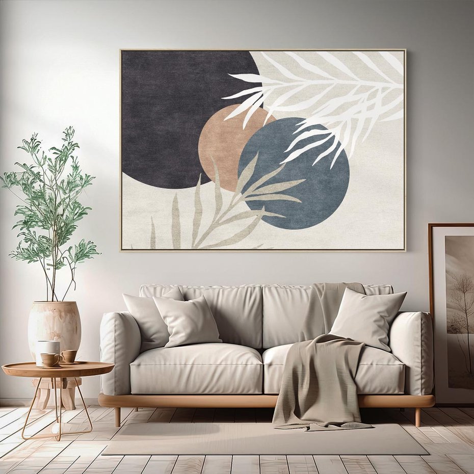 Obraz w ramie 120x80 - Symfonia skradzionych chwil - cienie liści palmy, beżowe tłó - rama drewno