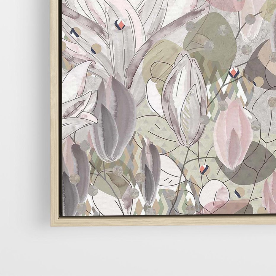 Obraz w ramie 80x80 - Pejzaże zatajonej duszy - połączenie tekstur, roślinne motywy - rama drewno