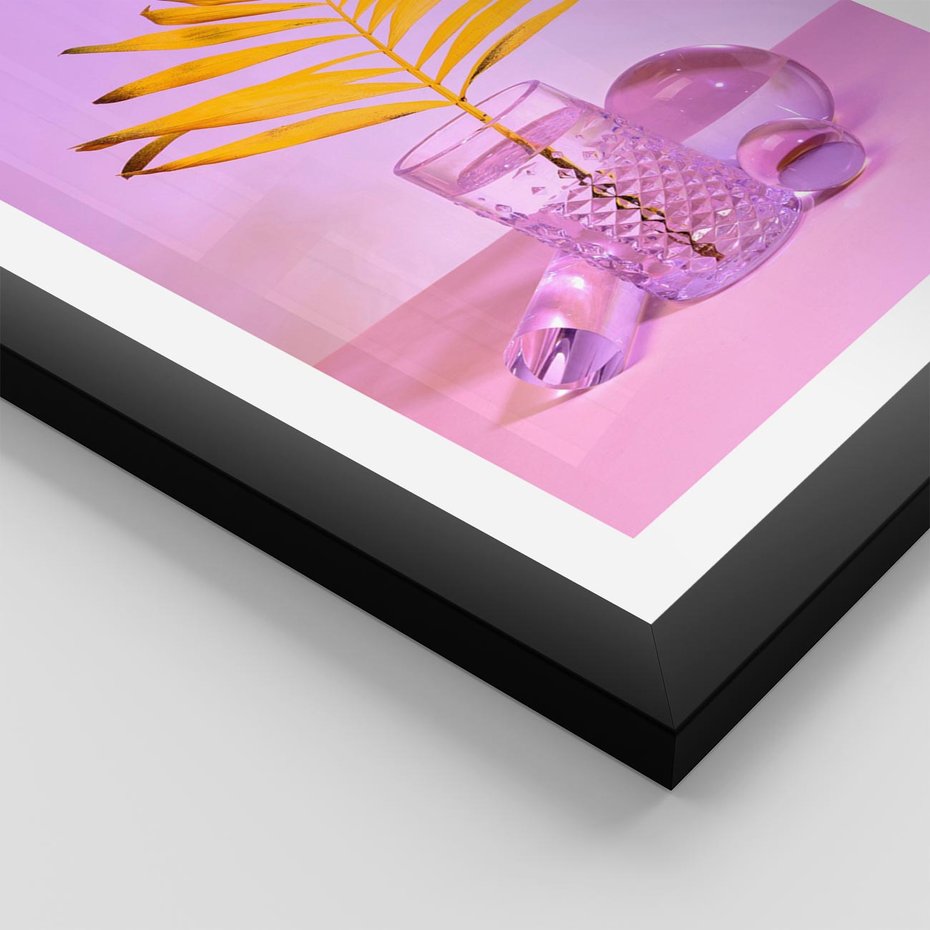 Plakat w ramie 40x50 - Neonowy Liść Palmy na Fotografii - neonowa fotografia, liść palmy w szklance - rama czarna