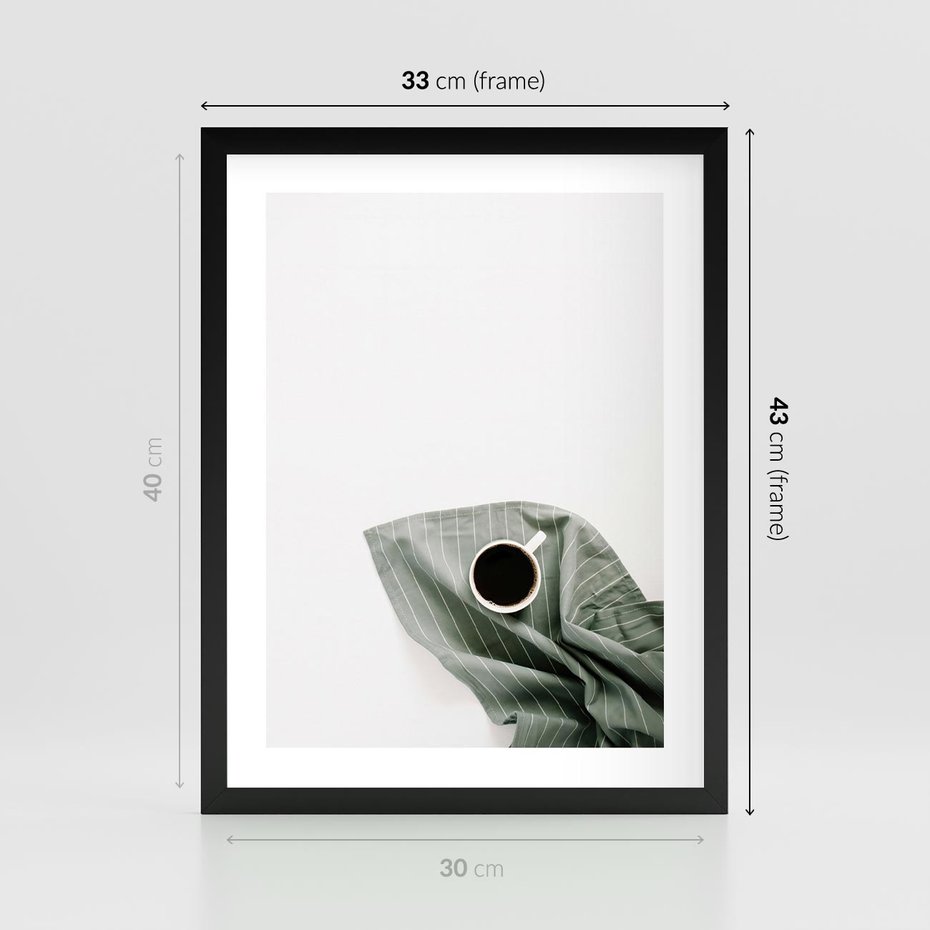 Plakat w ramie 30x40 - Poranek z Kawą - kawa, biała filiżanka - rama czarna