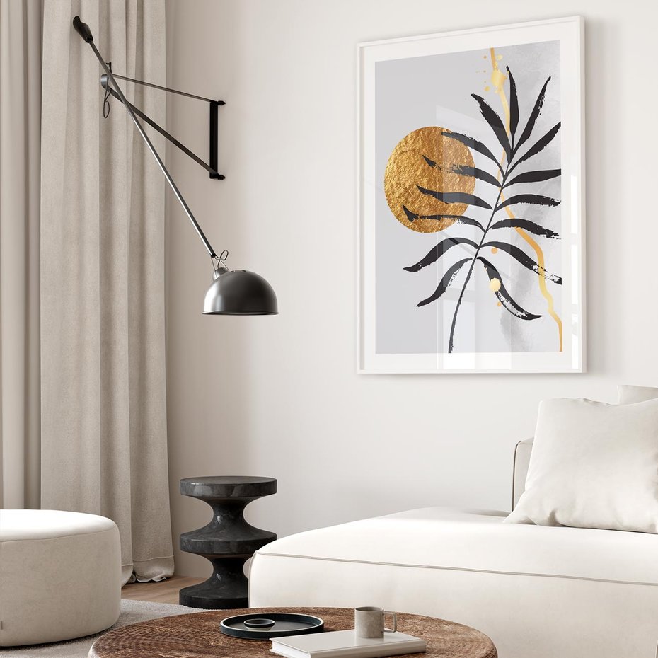 Plakat bez ramy 21x30 - Grafika z Czarnym Liściem Palmy - czarny liść palmy, złóte kołó