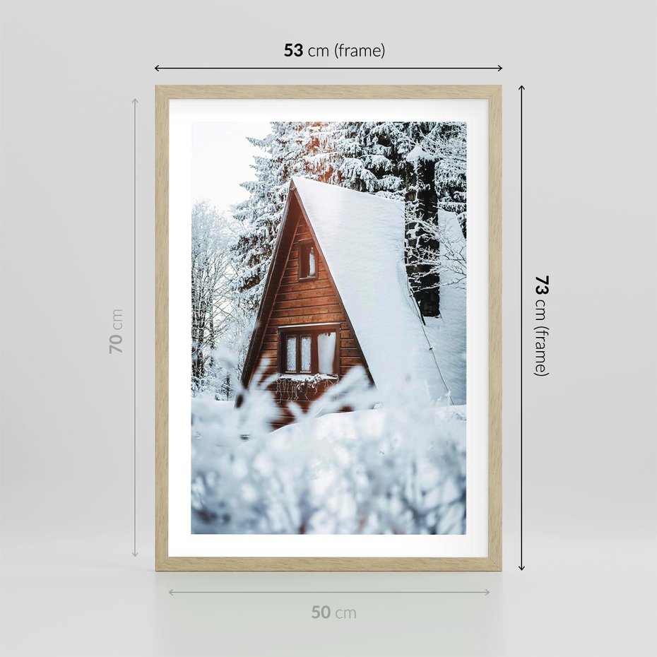 Plakat w ramie 50x70 - Zimowe Ustronie w Lesie - domek w lesie, zimowy las - rama drewno