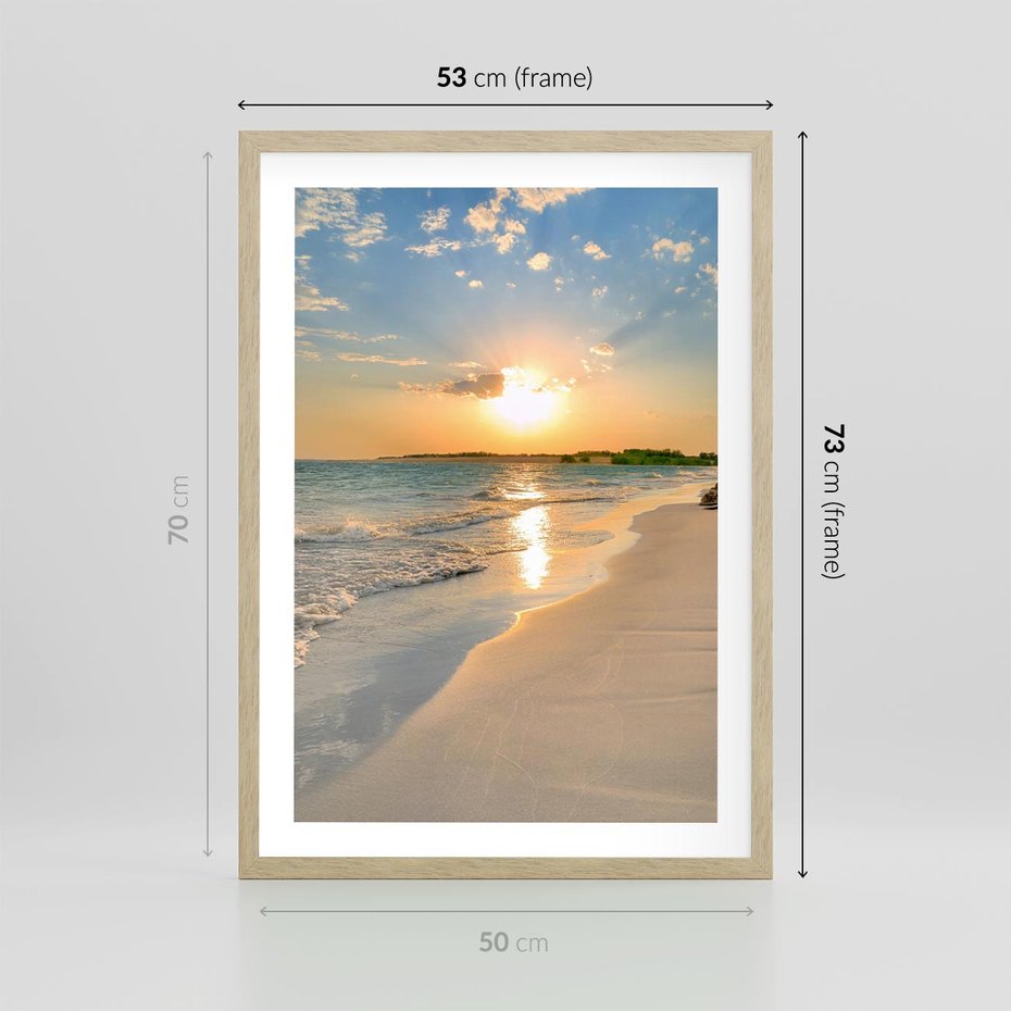 Plakat w ramie 50x70 - Zachód słońca na plaży - plaża, zachód - rama drewno