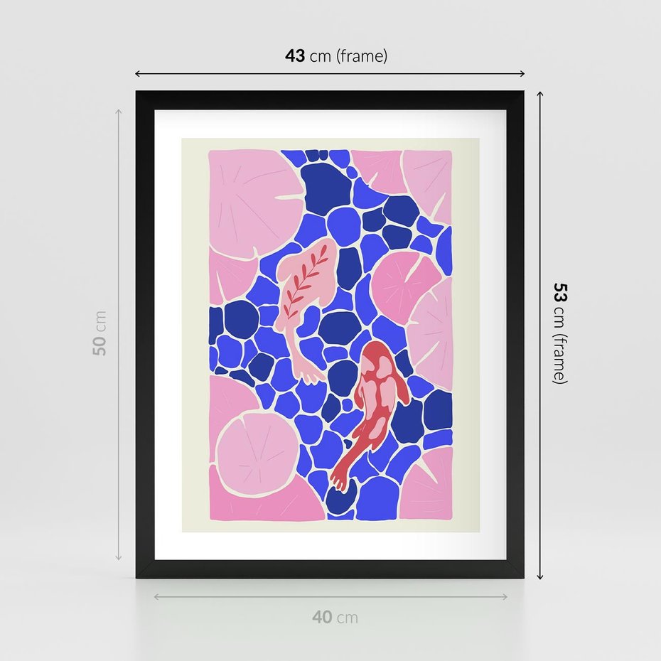 Plakat w ramie 40x50 - Rzeka Abstrakcji - abstrakcyjna kompozycja, różowe ryby wśród rafy - rama czarna