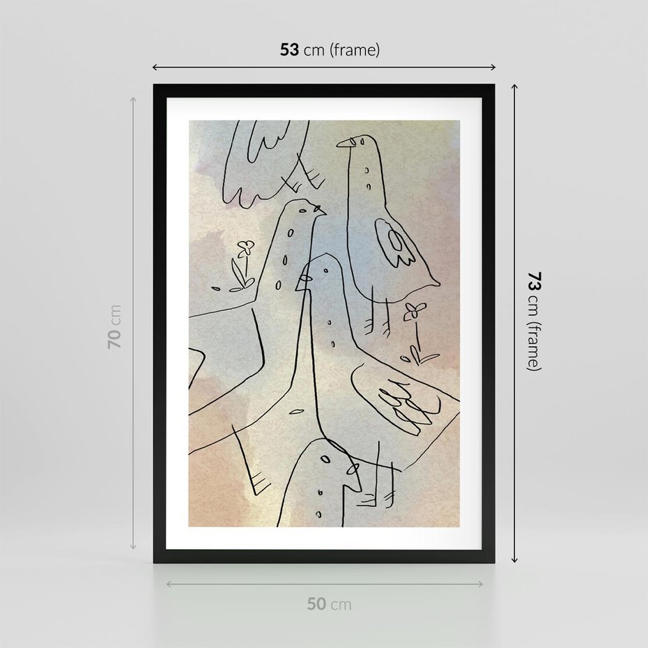 Plakat w ramie 50x70 - Strukturalna Gromada - abstrakcyjny plakat, szkic ptaków - rama czarna